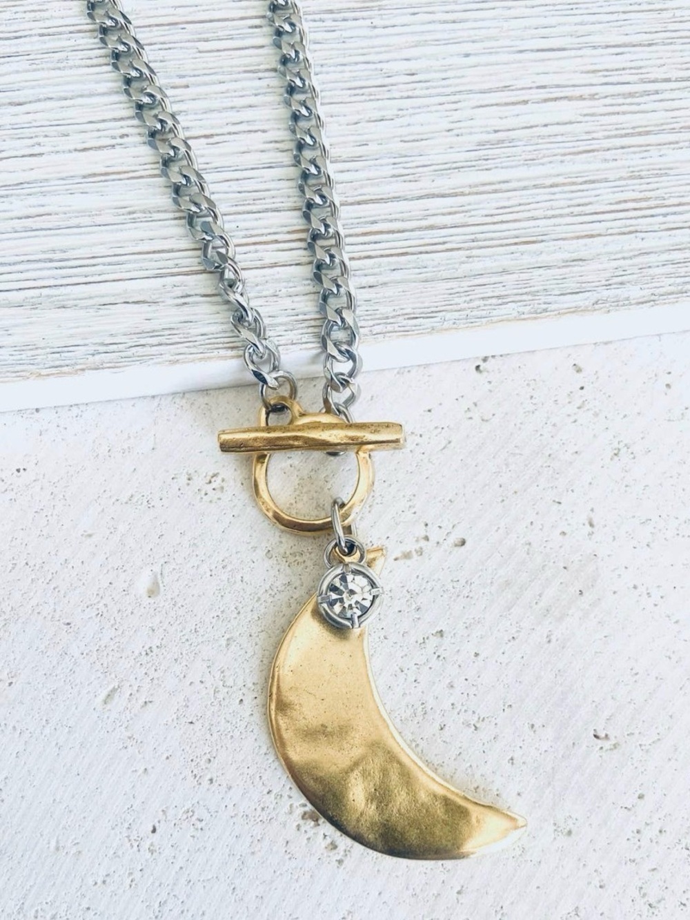 Gold Crescent Moon Pendant Necklace with Silver Chain - Women's Jewelry
